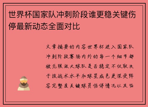 世界杯国家队冲刺阶段谁更稳关键伤停最新动态全面对比 世界杯国家队冲刺阶段谁更稳关键伤停最新动态全面对比
