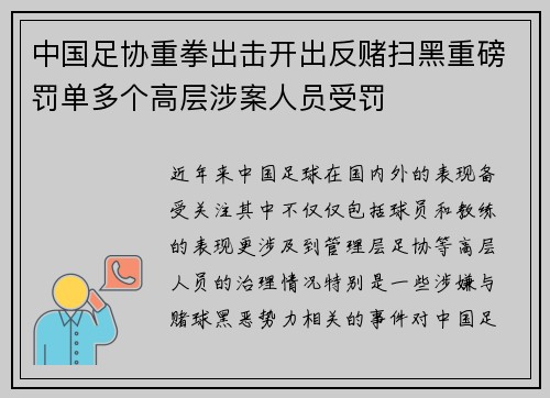 中国足协重拳出击开出反赌扫黑重磅罚单多个高层涉案人员受罚