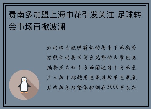 费南多加盟上海申花引发关注 足球转会市场再掀波澜
